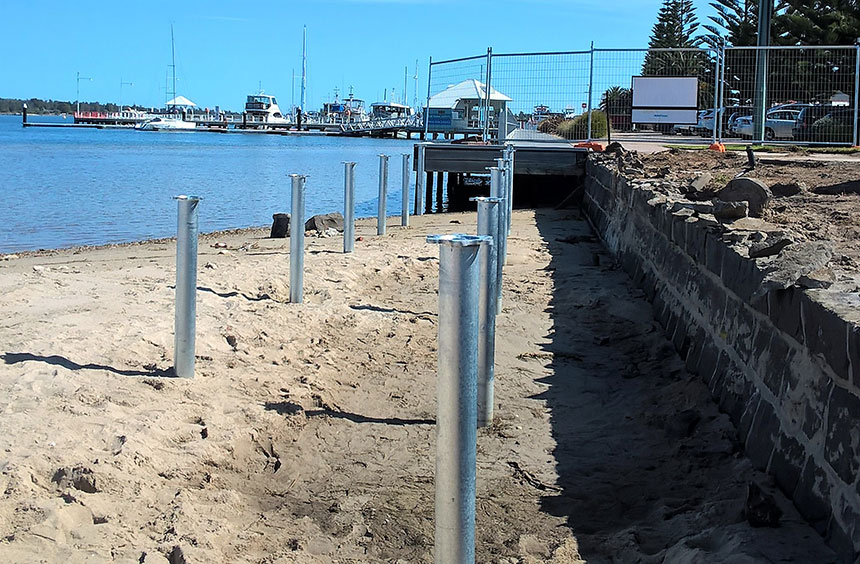 Seawall piles near completion